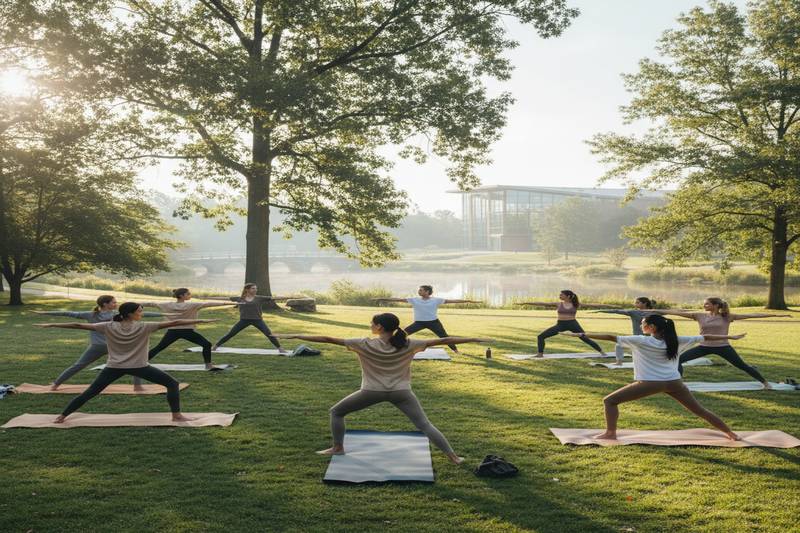 Groupe de personnes pratiquant le yoga doux en plein air dans un parc