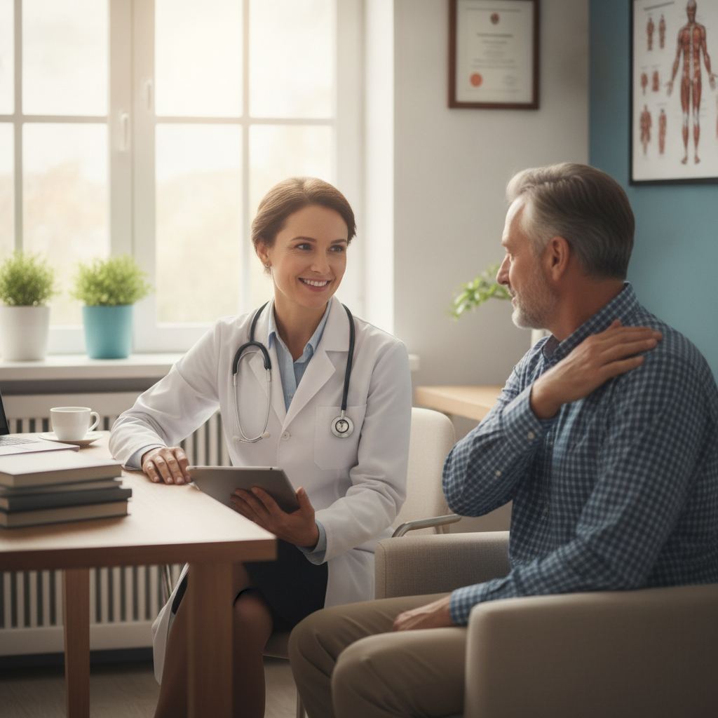 rhumatologue échangeant avec un patient en consultation