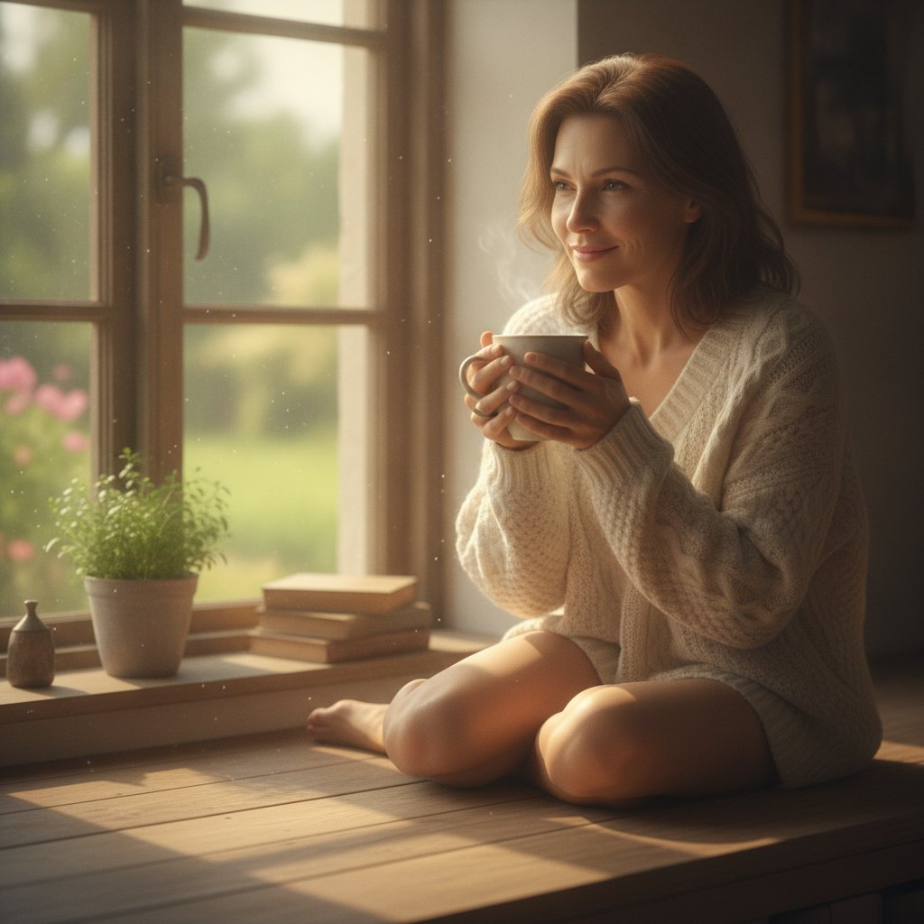 Personne buvant une tasse de café le matin près d'une fenêtre ensoleillée, café et spondylarthrite