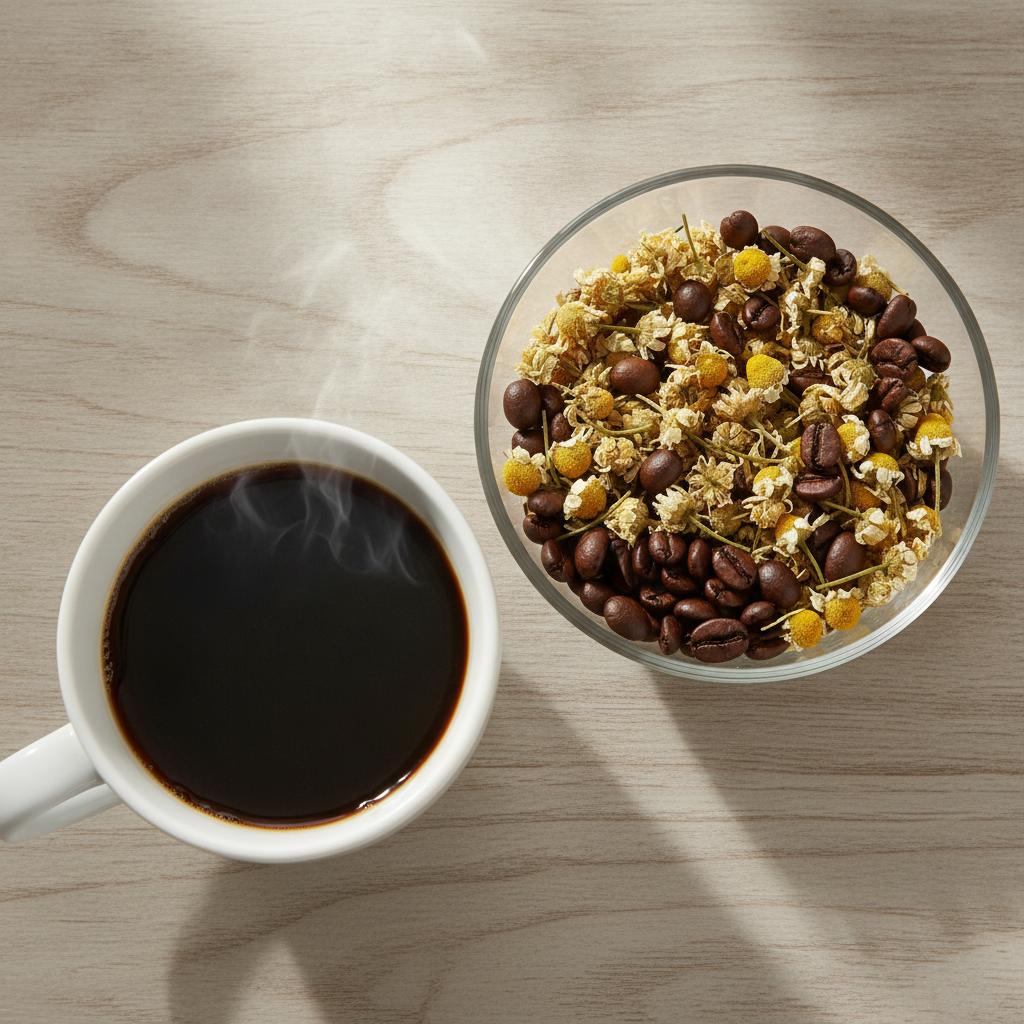 Tasse de café et grains de café bruts, lien entre café et inflammation dans la spondylarthrite
