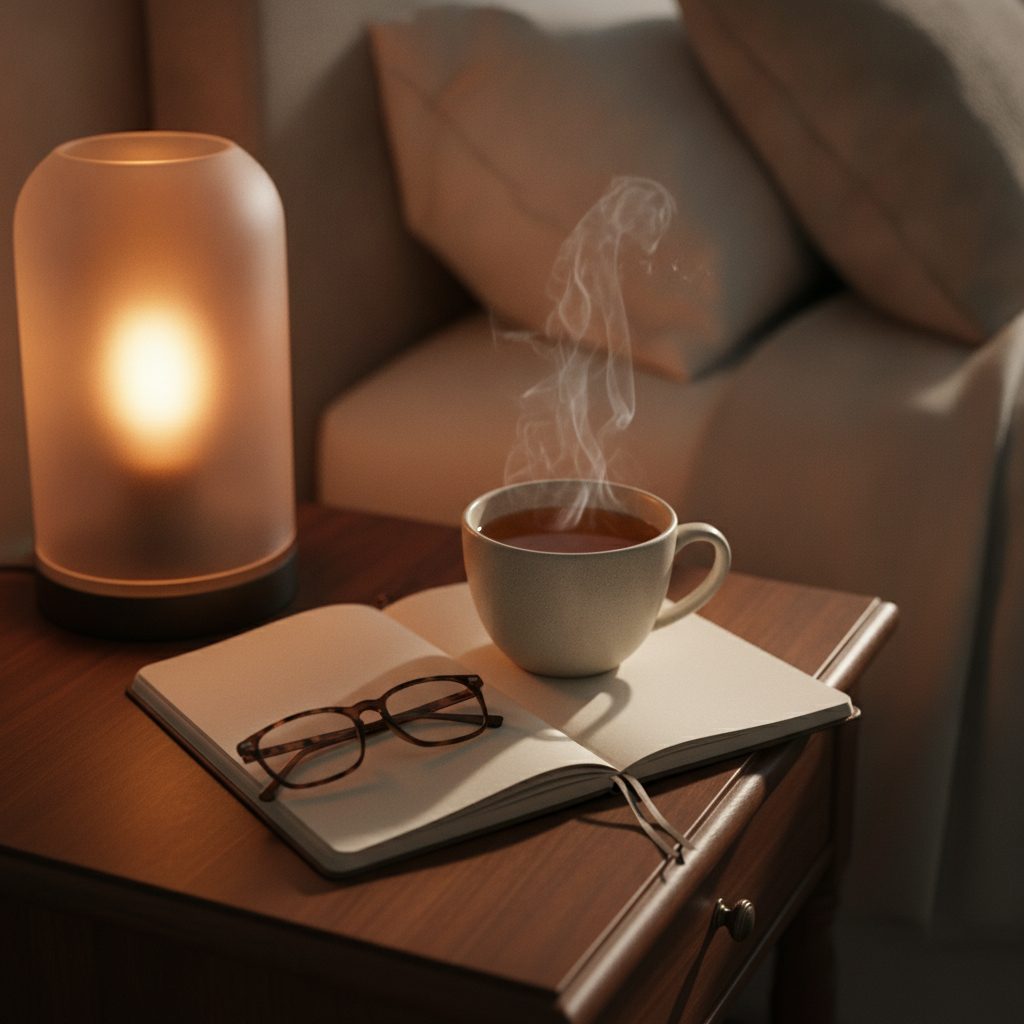 Rituel du soir avec tisane et journal de sommeil sur une table de chevet