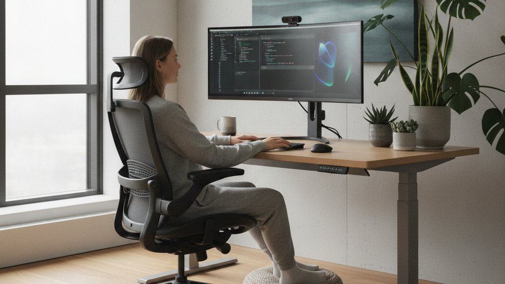 Poste de travail de bureau aménagé et ergonomique pour une personne atteinte de fibromyalgie