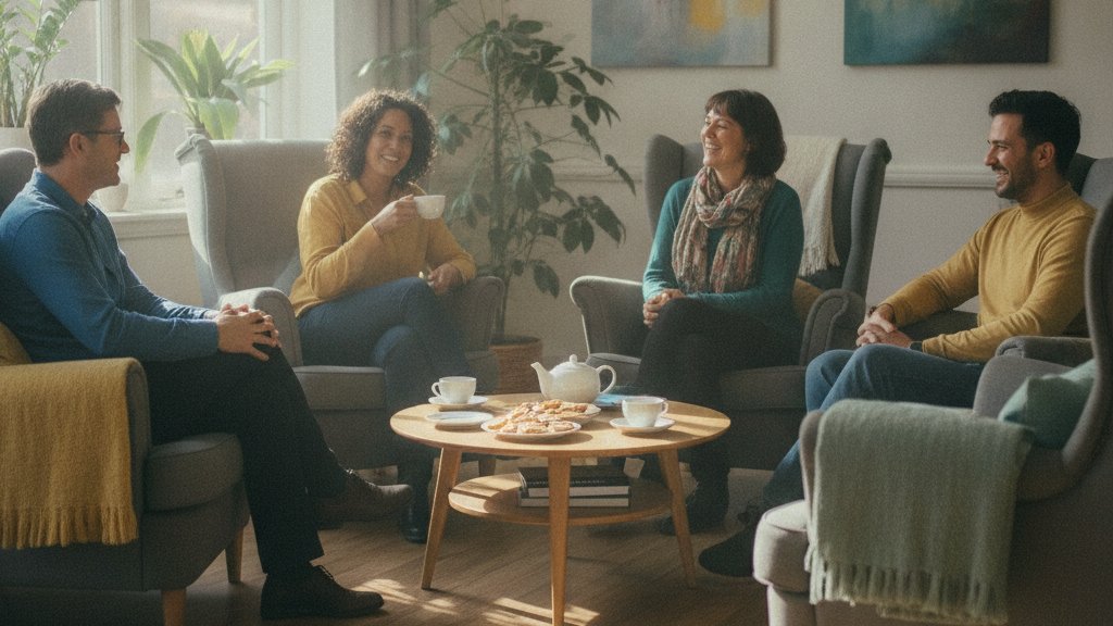 Groupe de parole convivial entre personnes fibromyalgiques échangeant sur leurs démarches MDPH