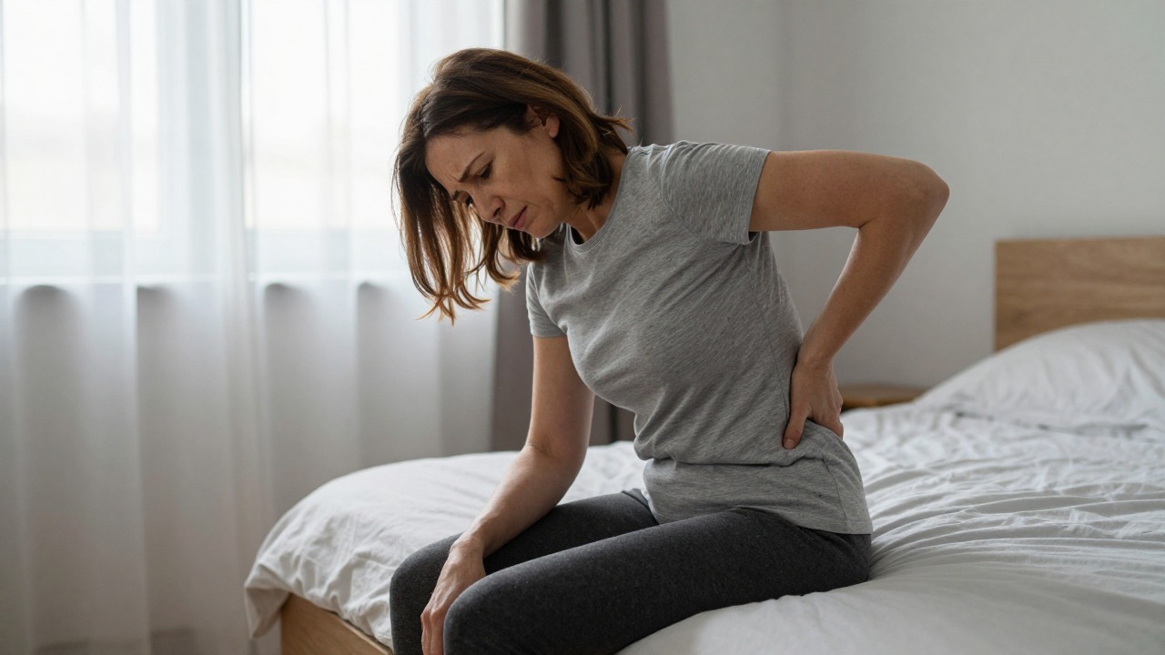 Femme assise au bord de son lit le matin, main sur le bas du dos
