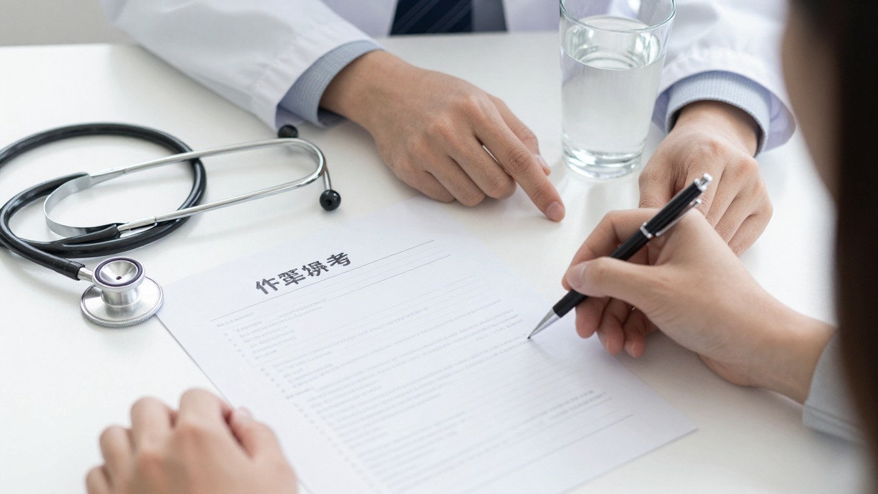 Bureau de consultation avec questionnaire, stylo et stéthoscope
